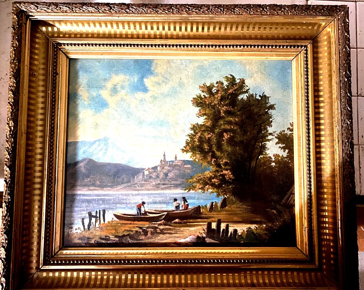 Beautiful Large Painting Painted On Canvas In Beautiful Format 12 Landscape Of Fishermen At The River Late 19th