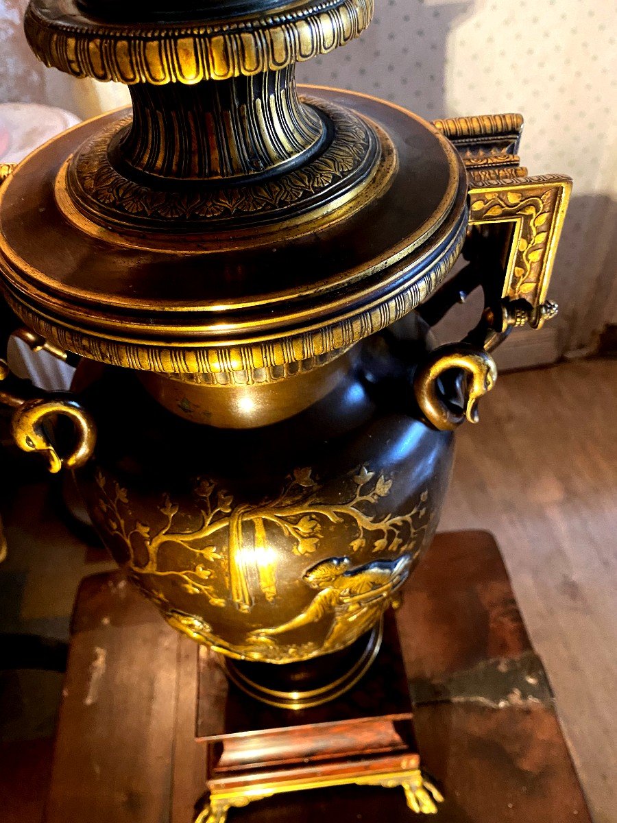  Belle Importante Lampe à Pétrole En Bronze Deux Patines N III Attribuée à Barbedienne Mécanisme-photo-2