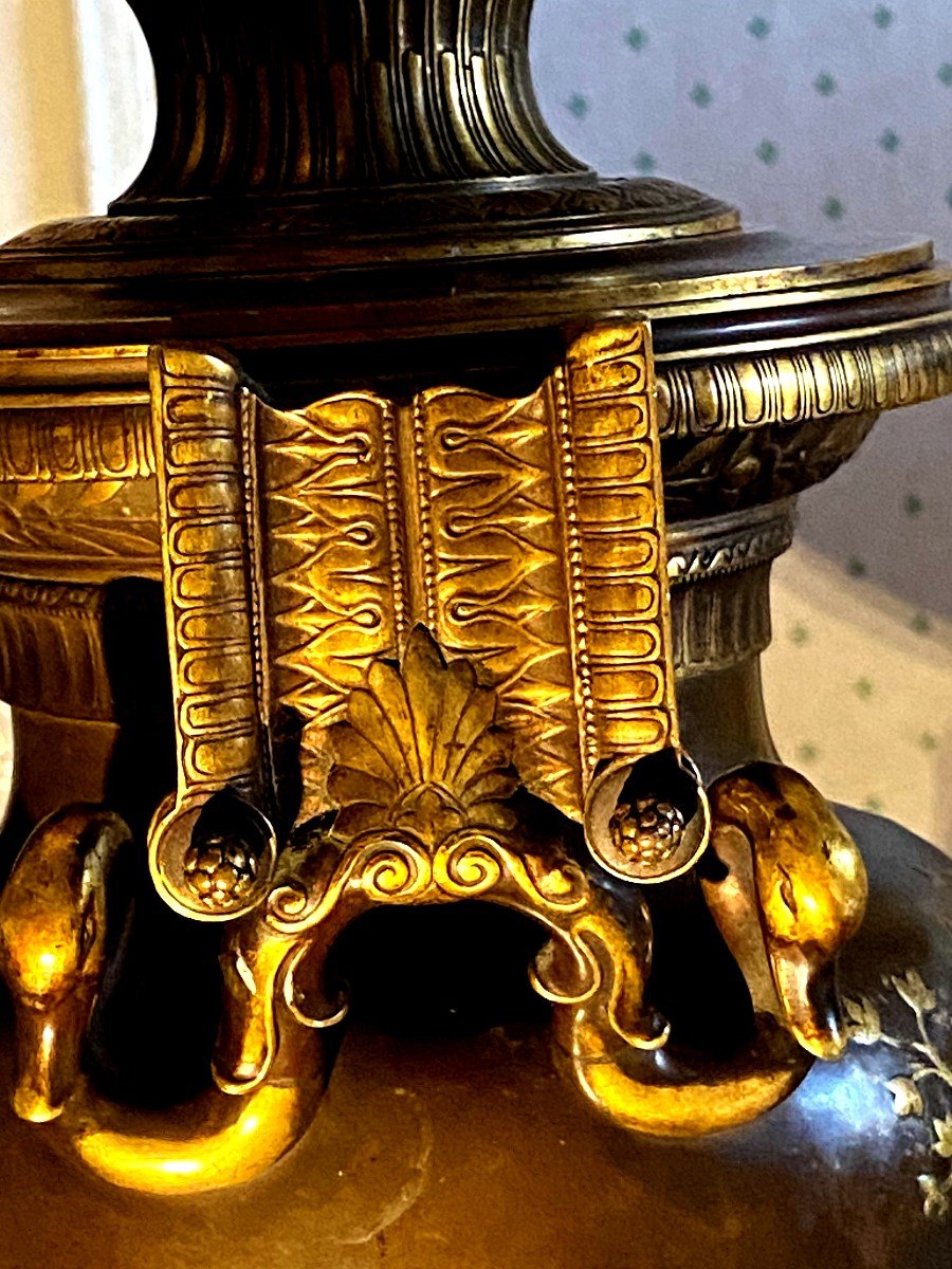  Belle Importante Lampe à Pétrole En Bronze Deux Patines N III Attribuée à Barbedienne Mécanisme-photo-4
