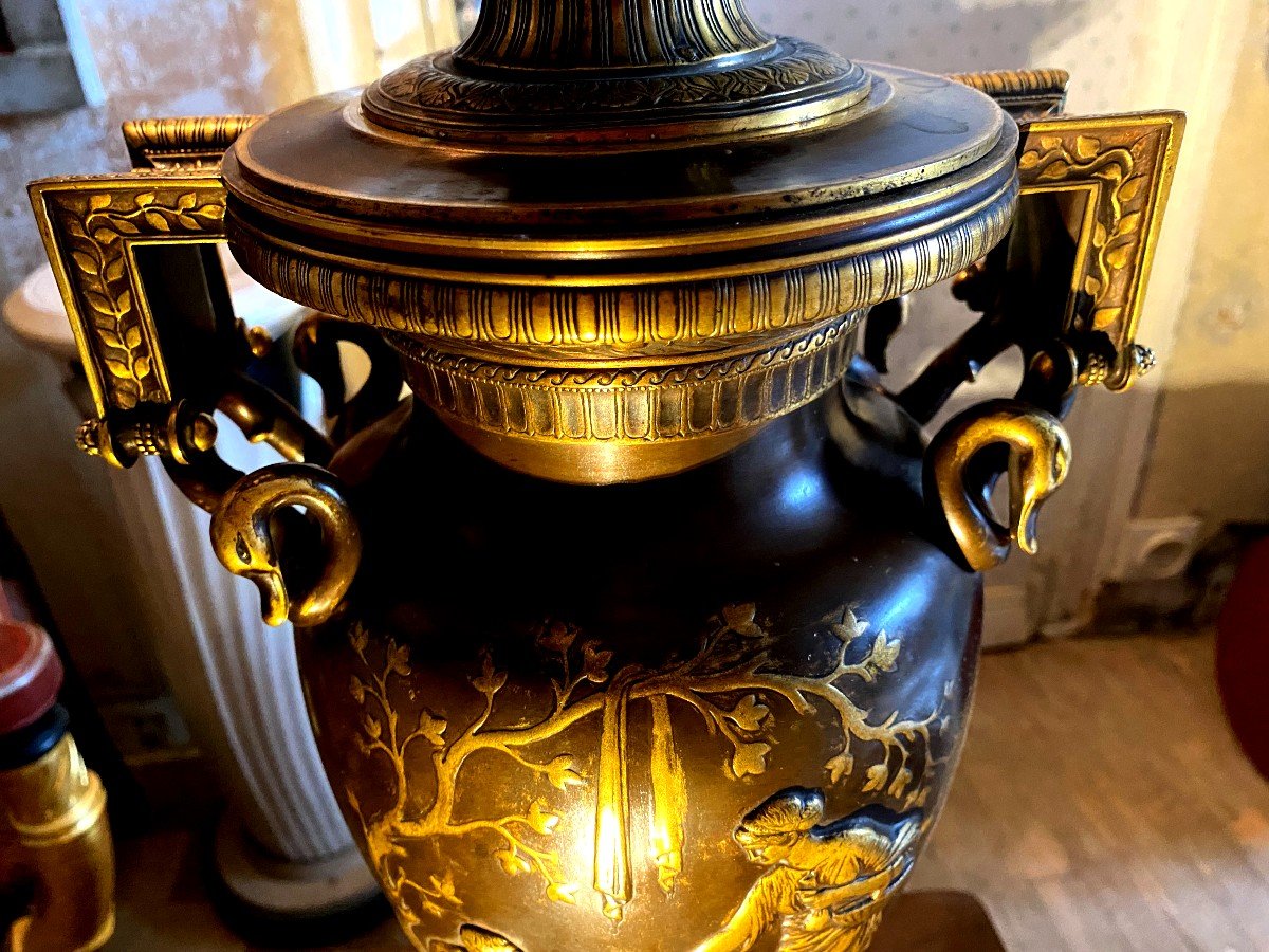  Belle Importante Lampe à Pétrole En Bronze Deux Patines N III Attribuée à Barbedienne Mécanisme-photo-4