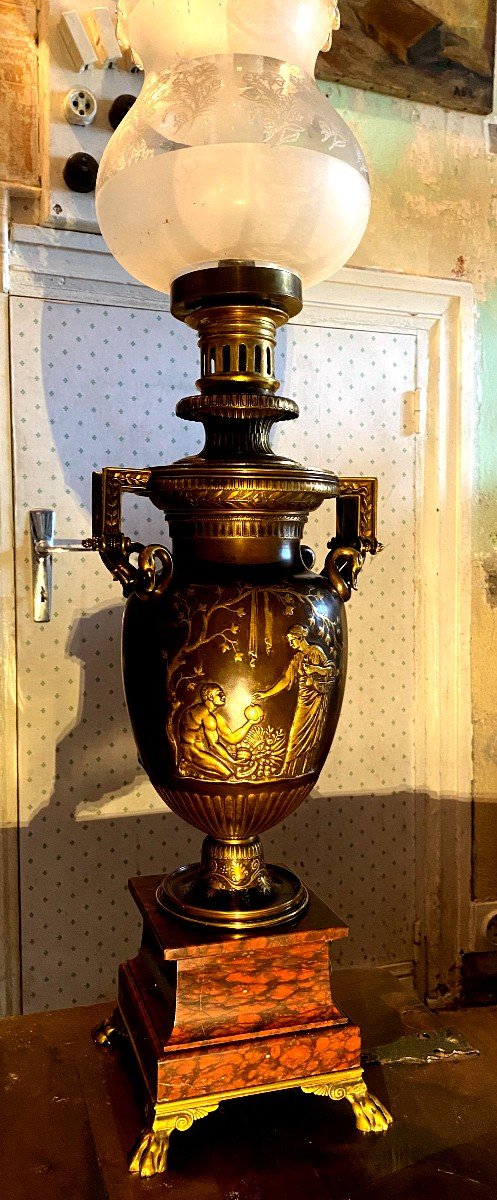  Belle Importante Lampe à Pétrole En Bronze Deux Patines N III Attribuée à Barbedienne Mécanisme-photo-7