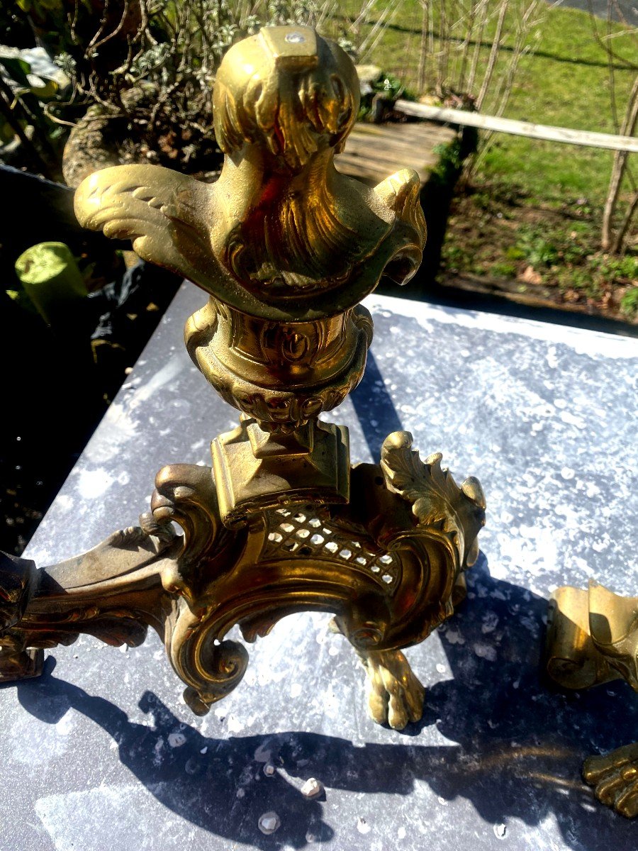 Pair Of Beautiful Ceremonial Andirons? Baroque Bronze Articulated With The Motif Of The Louis XV Covered Vase-photo-2