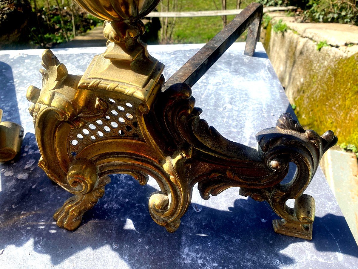 Pair Of Beautiful Ceremonial Andirons? Baroque Bronze Articulated With The Motif Of The Louis XV Covered Vase-photo-3