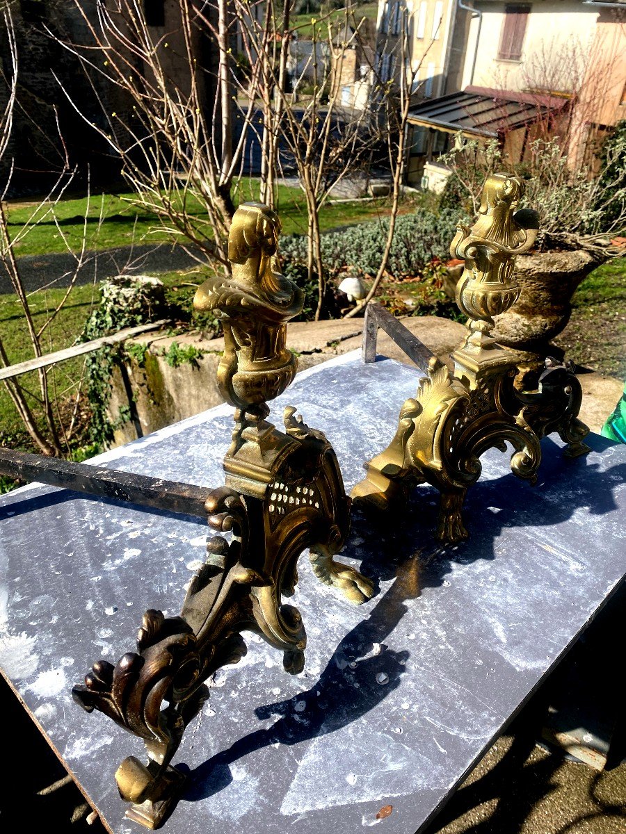 Pair Of Beautiful Ceremonial Andirons? Baroque Bronze Articulated With The Motif Of The Louis XV Covered Vase-photo-4