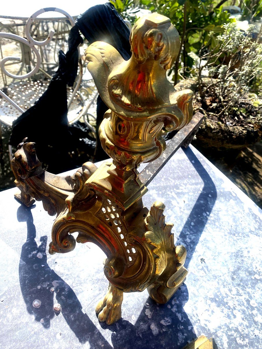 Pair Of Beautiful Ceremonial Andirons? Baroque Bronze Articulated With The Motif Of The Louis XV Covered Vase-photo-1