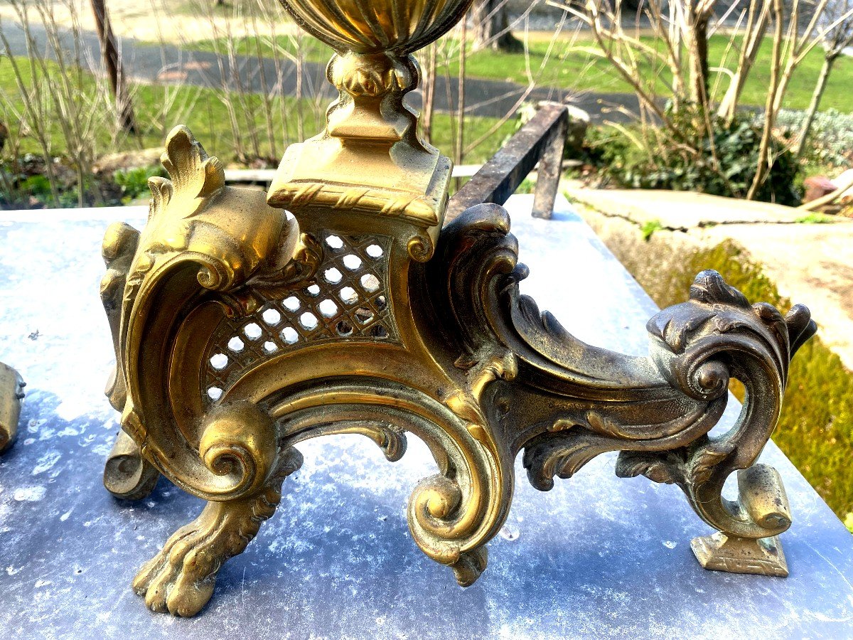 Pair Of Beautiful Ceremonial Andirons? Baroque Bronze Articulated With The Motif Of The Louis XV Covered Vase-photo-2