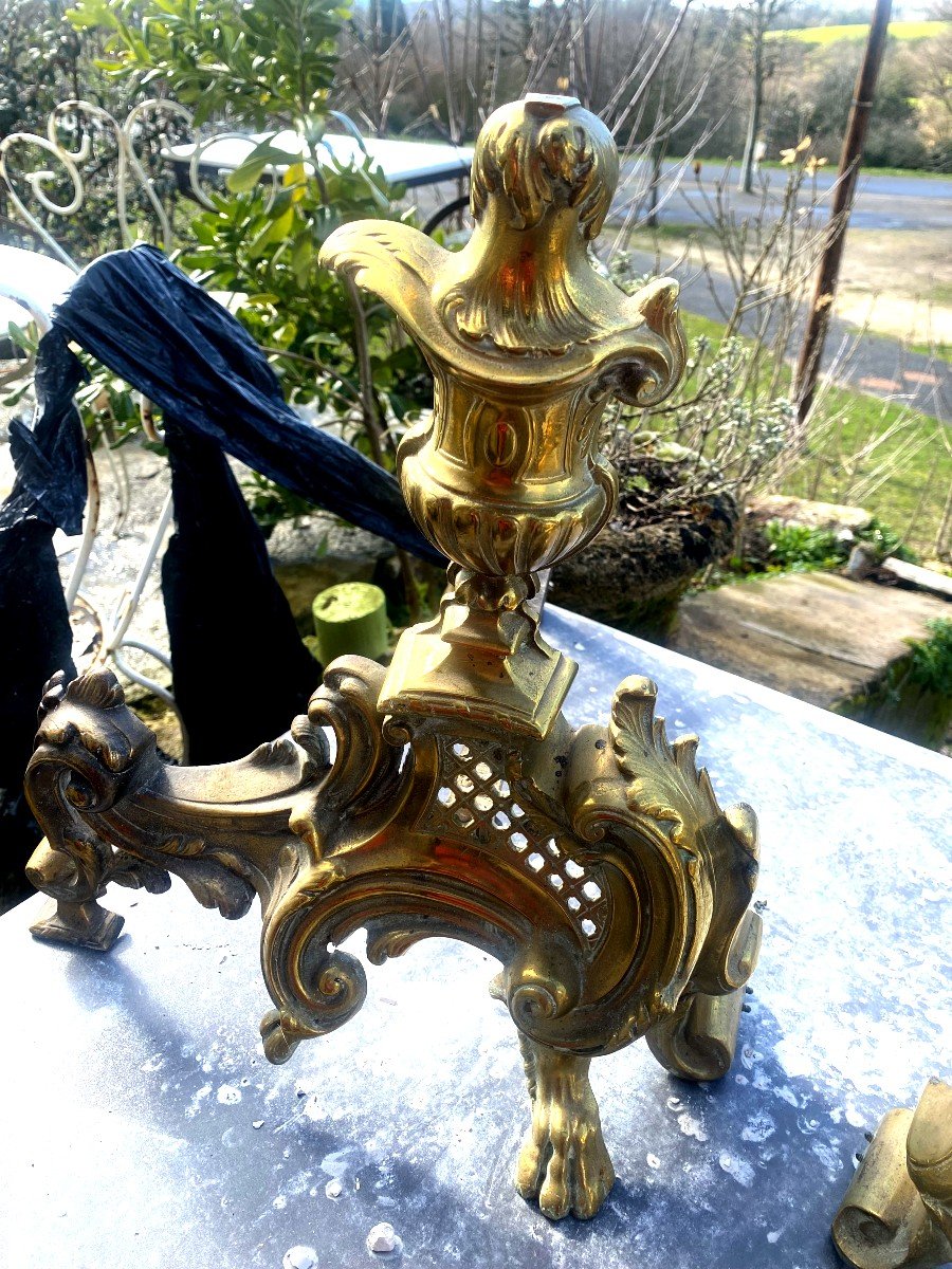 Pair Of Beautiful Ceremonial Andirons? Baroque Bronze Articulated With The Motif Of The Louis XV Covered Vase-photo-3