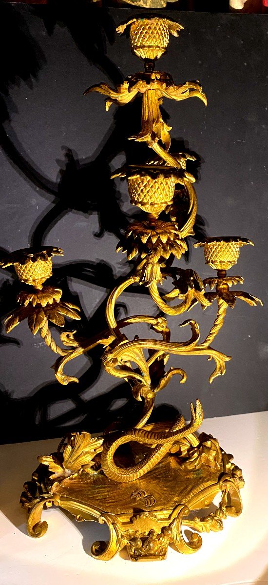 Paire d'Exceptionnnels Flambeaux Cinq Branches Au Chardons  Tournoyants En Bronze Doré, XIXème -photo-2