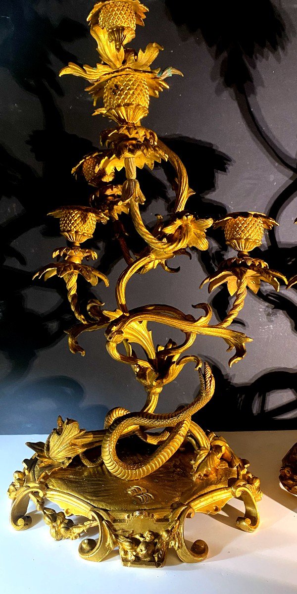 Paire d'Exceptionnnels Flambeaux Cinq Branches Au Chardons  Tournoyants En Bronze Doré, XIXème -photo-3