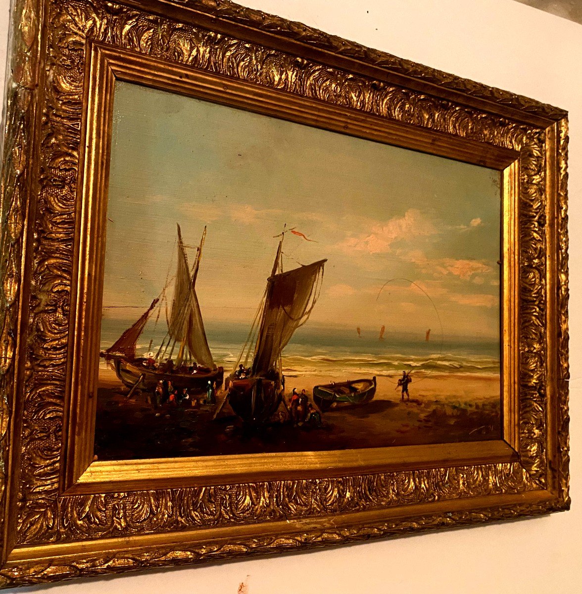 Animated Marine Painting Oil On Wood Well Framed Late 19th Century "return From Fishing" Northern School-photo-1
