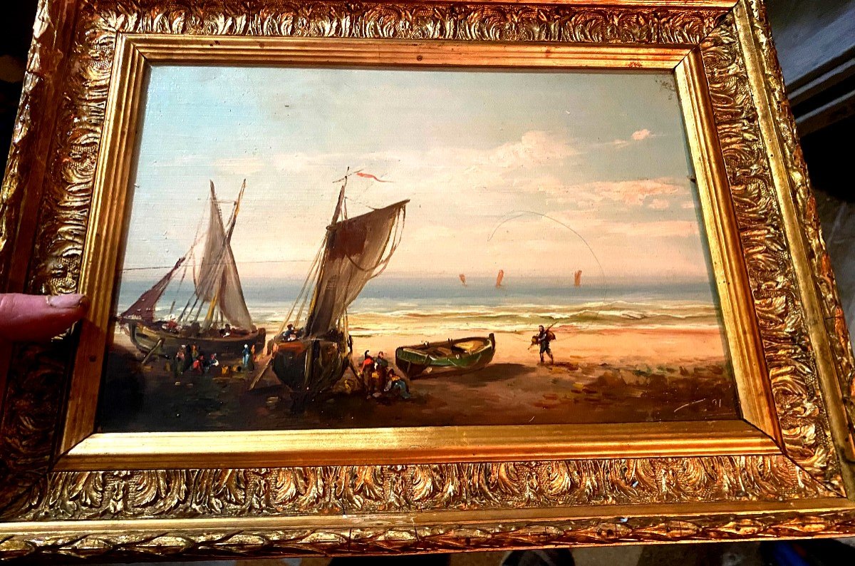 Animated Marine Painting Oil On Wood Well Framed Late 19th Century "return From Fishing" Northern School-photo-2