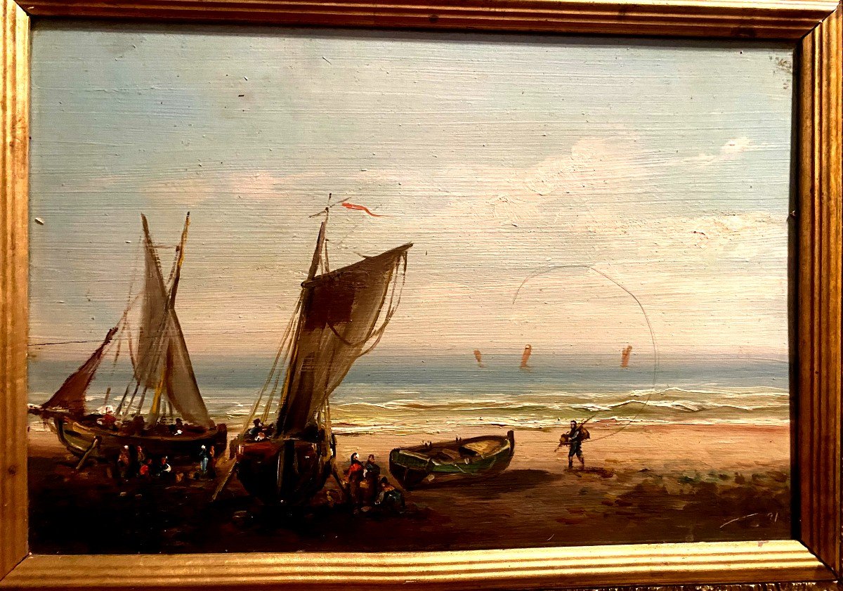 Animated Marine Painting Oil On Wood Well Framed Late 19th Century "return From Fishing" Northern School-photo-4