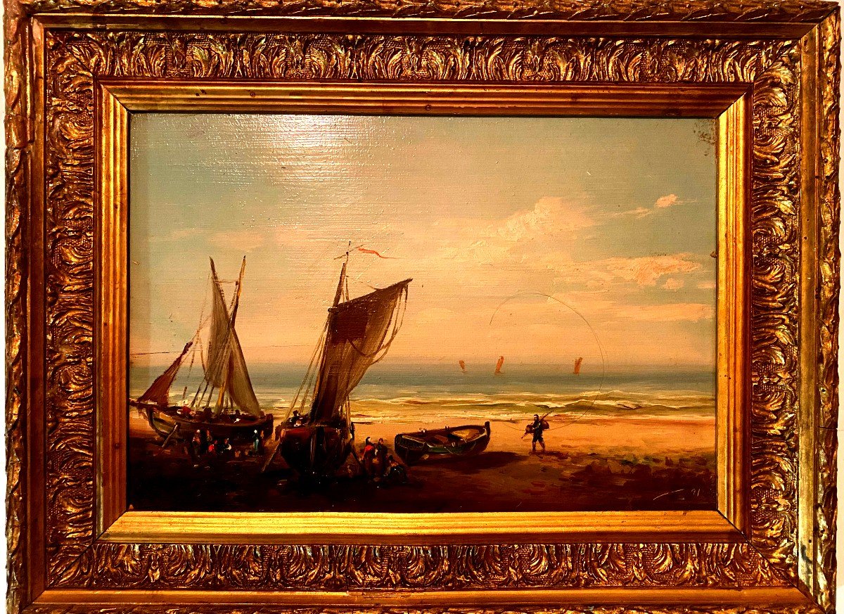 Animated Marine Painting Oil On Wood Well Framed Late 19th Century "return From Fishing" Northern School