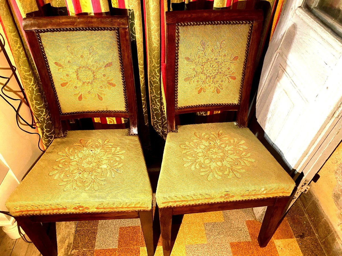  Belle Paire De Belles Chaises En Noyer, ép. Directoire , Tapisserie d'époque Au Petits Points -photo-1