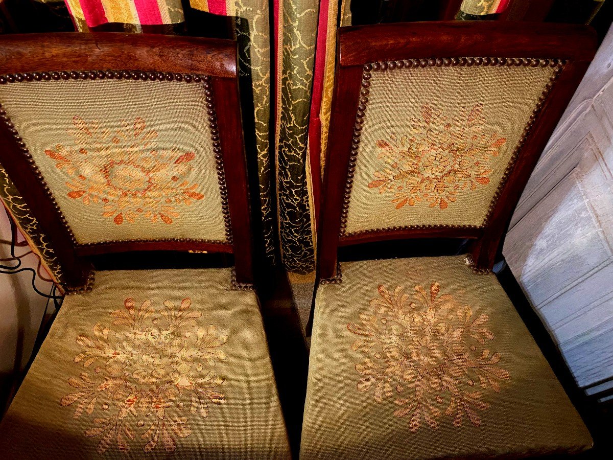  Belle Paire De Belles Chaises En Noyer, ép. Directoire , Tapisserie d'époque Au Petits Points -photo-2