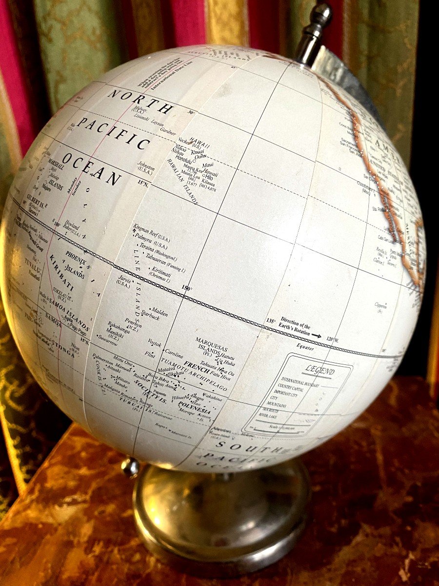 Terrestrial Globe 1950s In Boiled Cardboard On Its Light-colored Chrome Base, Original-photo-3