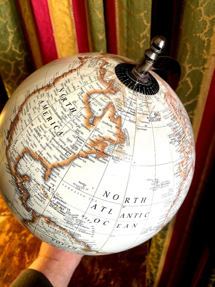 Terrestrial Globe 1950s In Boiled Cardboard On Its Light-colored Chrome Base, Original-photo-2