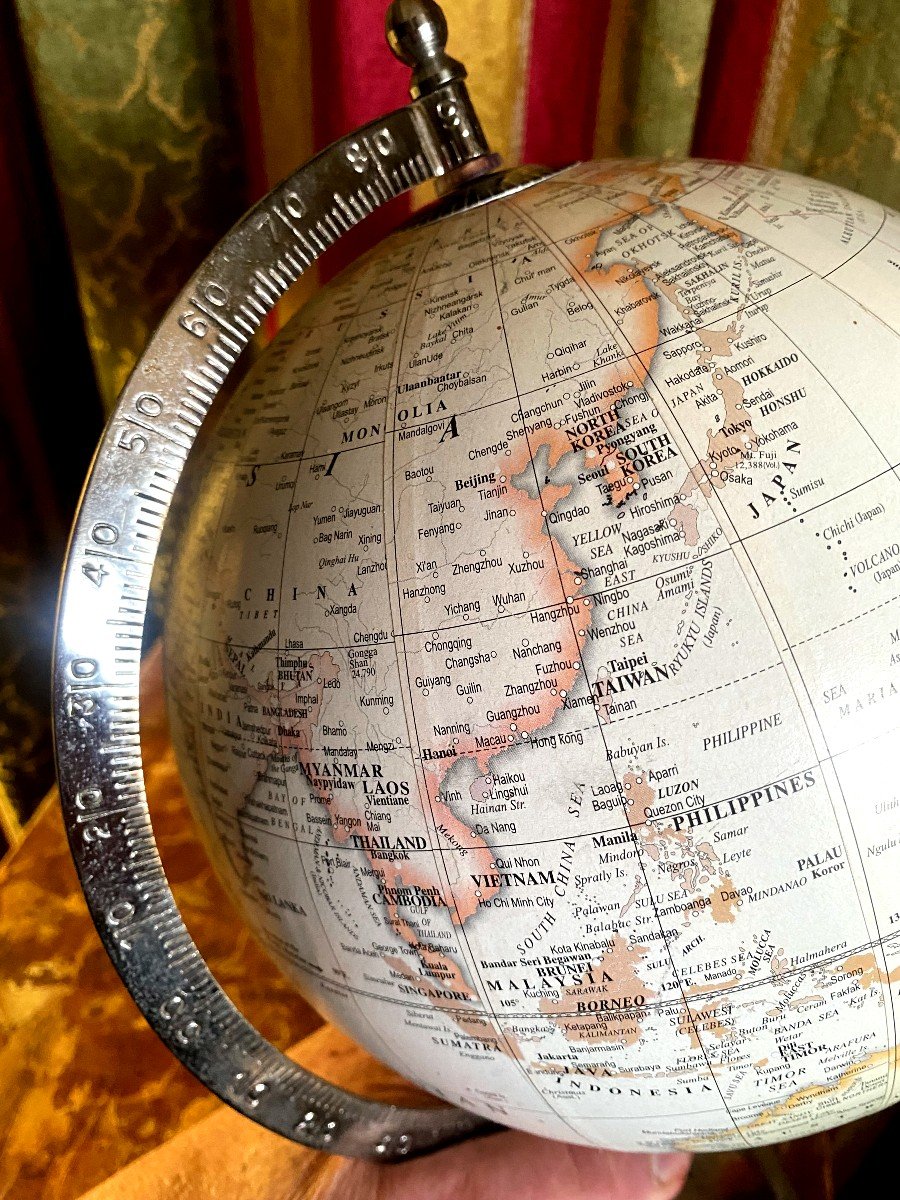 Terrestrial Globe 1950s In Boiled Cardboard On Its Light-colored Chrome Base, Original-photo-6