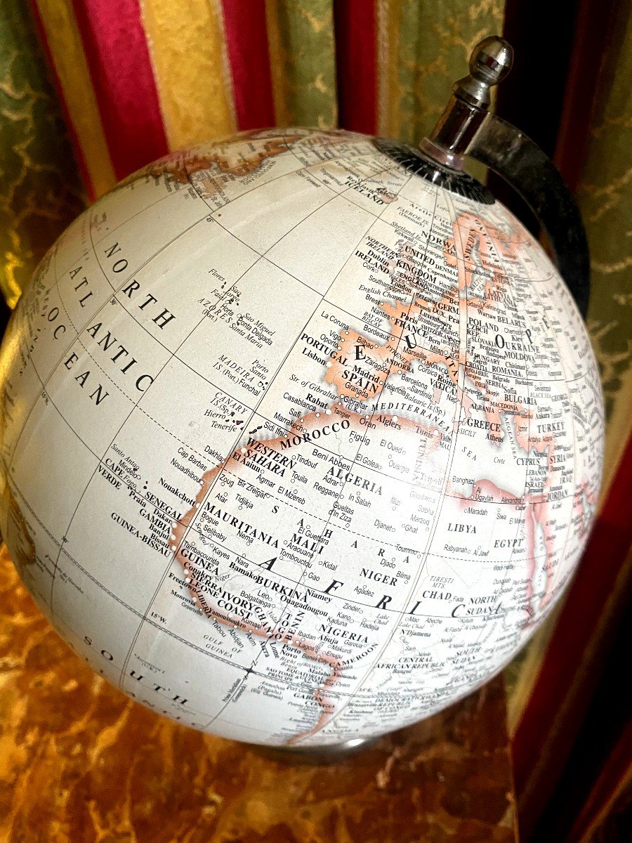 Terrestrial Globe 1950s In Boiled Cardboard On Its Light-colored Chrome Base, Original-photo-8