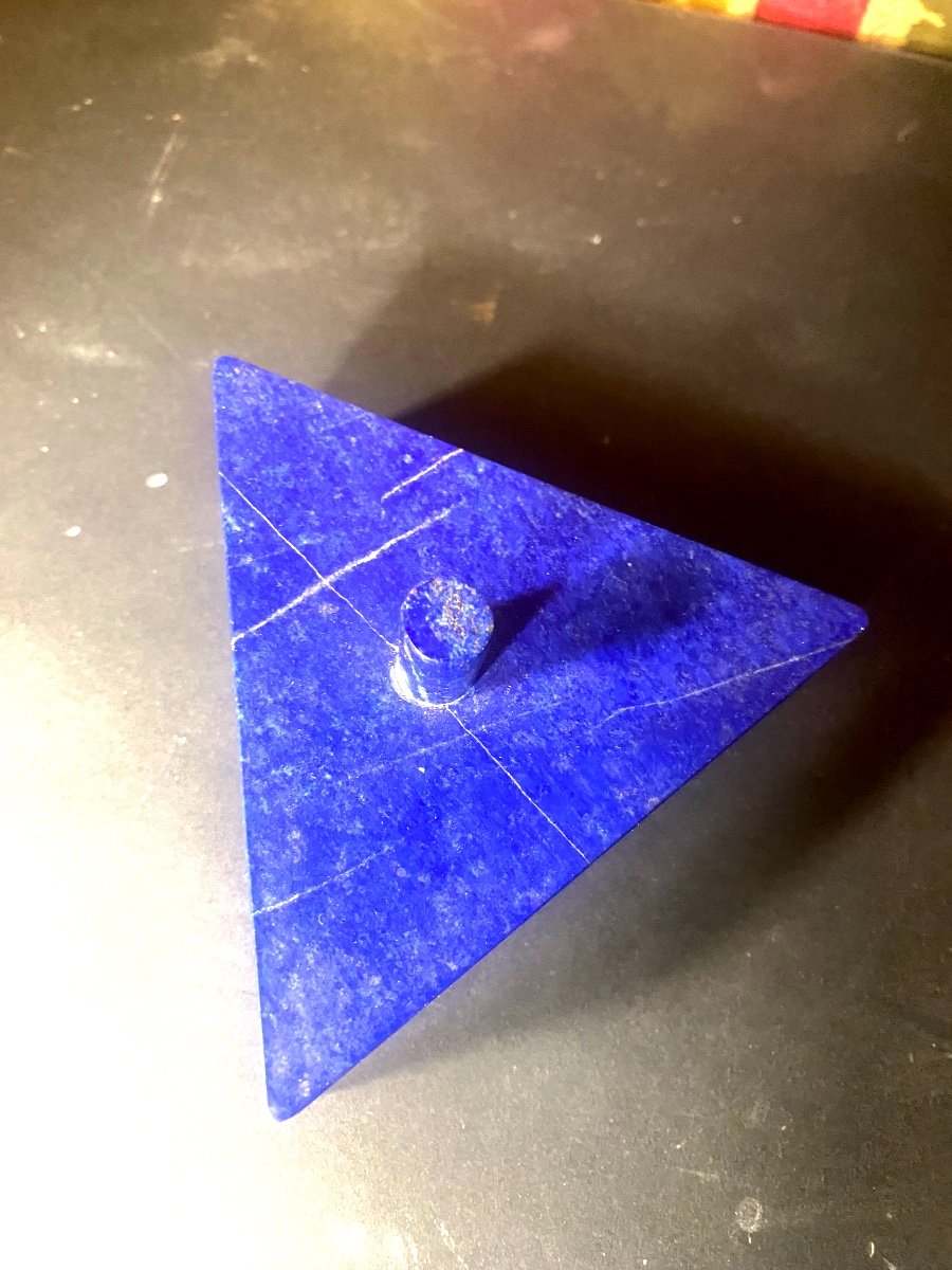 Boite  à Dés  Triangulaire En Lapis Lazuli Des Années "50" Et Six Dés En Pierre Semi Précieuse -photo-4