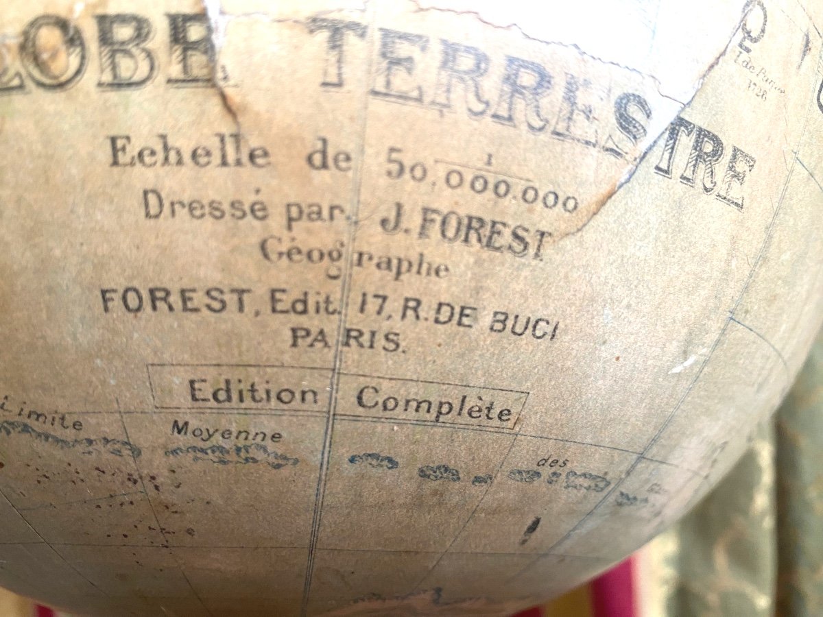 Beautiful Terrestrial Globe On Its Black Lacquered Wooden Foot Forest Edition 17rue De Buci Paris Th. XIX-photo-2