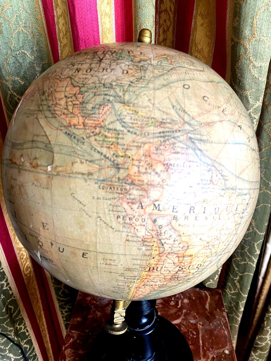 Beautiful Terrestrial Globe On Its Black Lacquered Wooden Foot Forest Edition 17rue De Buci Paris Th. XIX-photo-4
