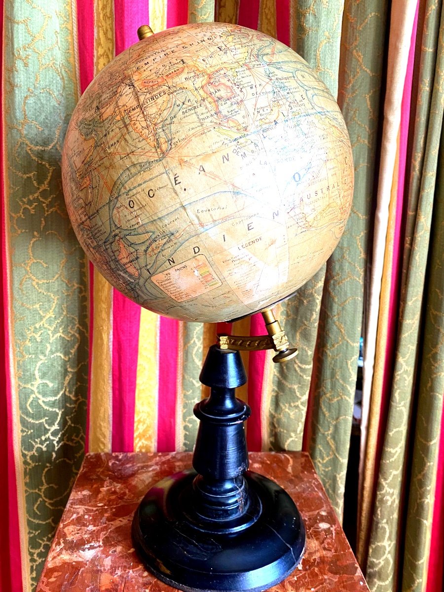 Beautiful Terrestrial Globe On Its Black Lacquered Wooden Foot Forest Edition 17rue De Buci Paris Th. XIX