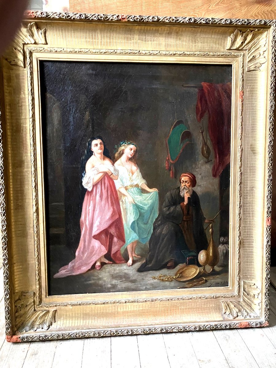 Oil / Canvas Painting Well Framed 19th Century Orientalist Genre Scene By Jules Massé 1825-1899