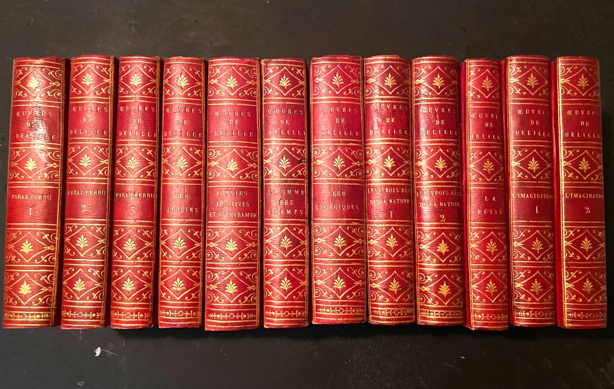 Rare Bel Ensemble  12 Volumes  " J. Delille " 1er Empire Reliure Dos Maroquin Rouge Gains Longs
