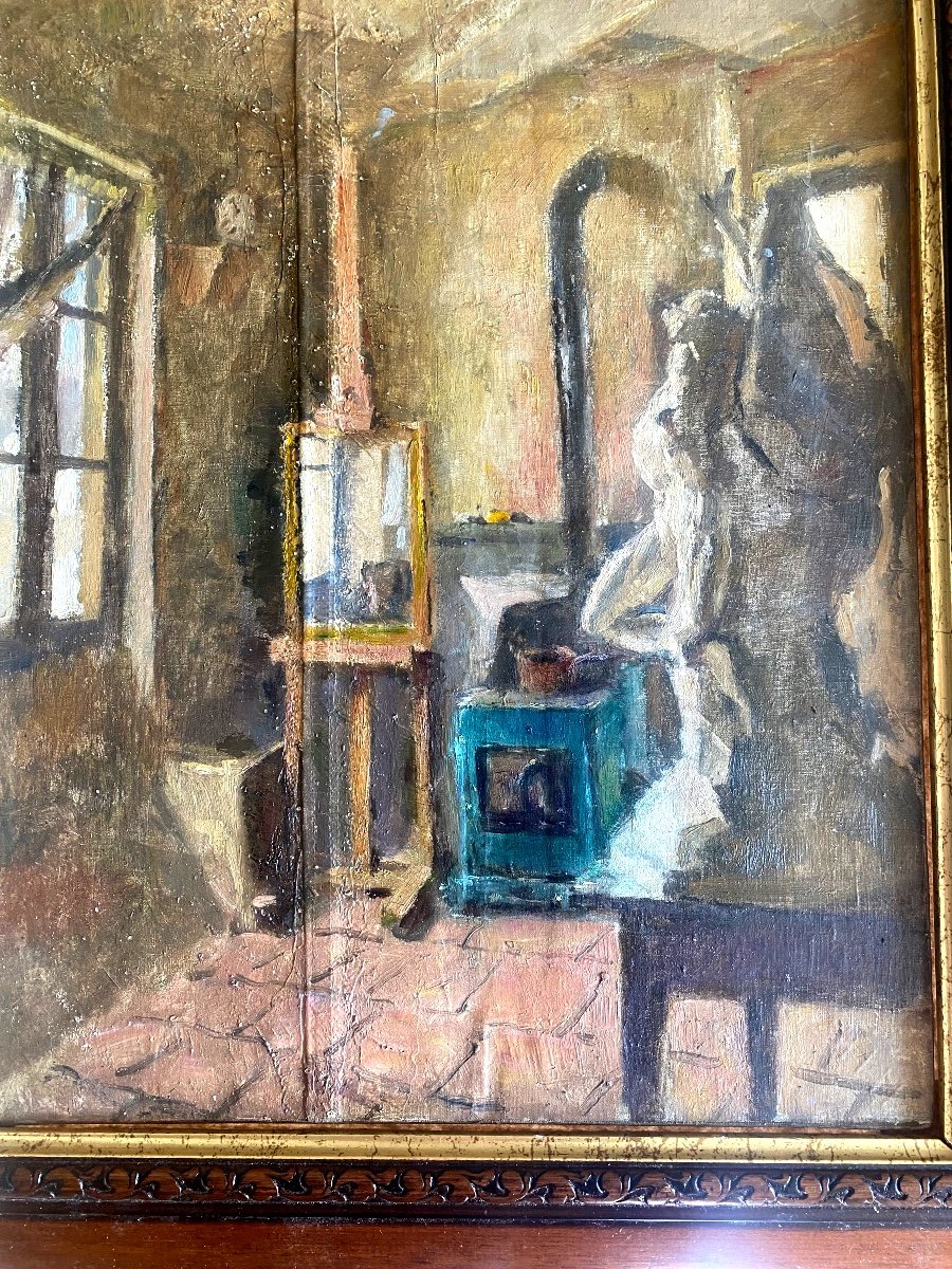  Beau Et Intimiste Tableau Impressionniste " l'Atelier d'Artiste" , Huile Sur Toile Encadrée 19-photo-1
