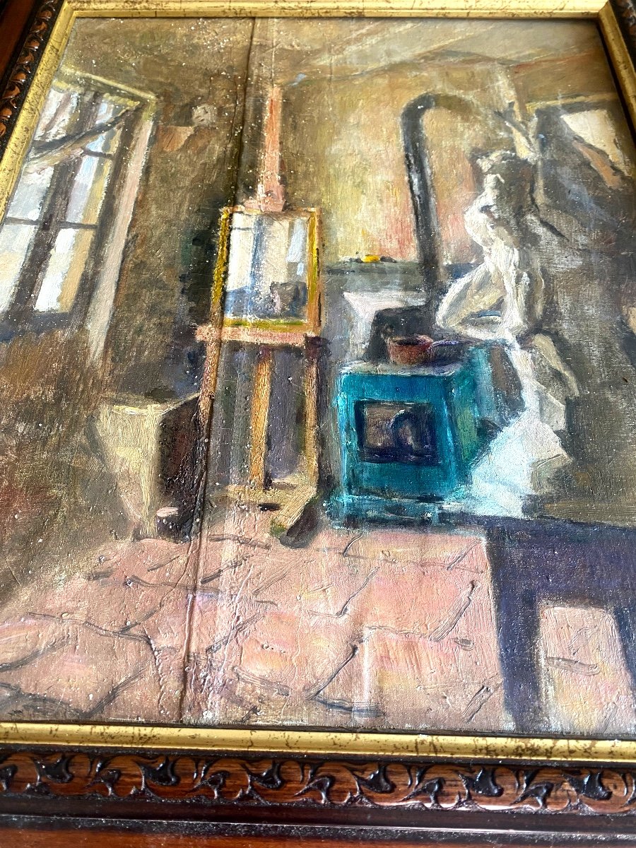  Beau Et Intimiste Tableau Impressionniste " l'Atelier d'Artiste" , Huile Sur Toile Encadrée 19-photo-4
