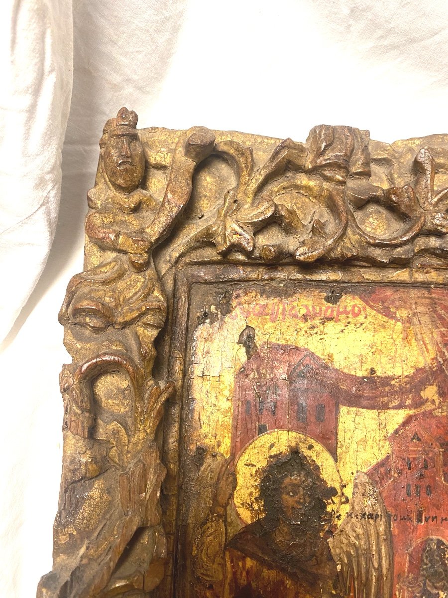 Presented In Mass And Carved With Baroque Ornaments Very Rare Greek Orthodox Icon From The 16th Century.-photo-2