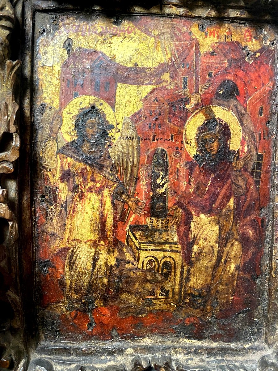 Presented In Mass And Carved With Baroque Ornaments Very Rare Greek Orthodox Icon From The 16th Century.-photo-4