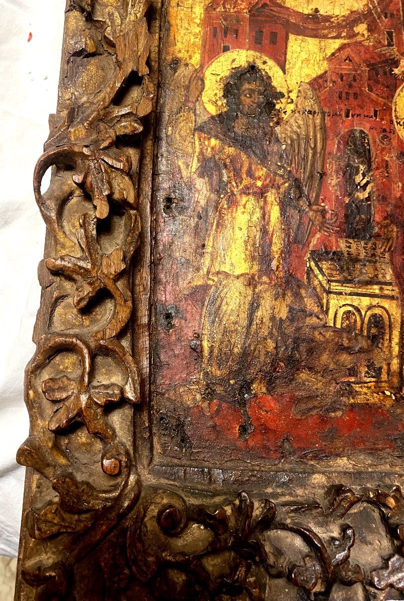 Presented In Mass And Carved With Baroque Ornaments Very Rare Greek Orthodox Icon From The 16th Century.-photo-1