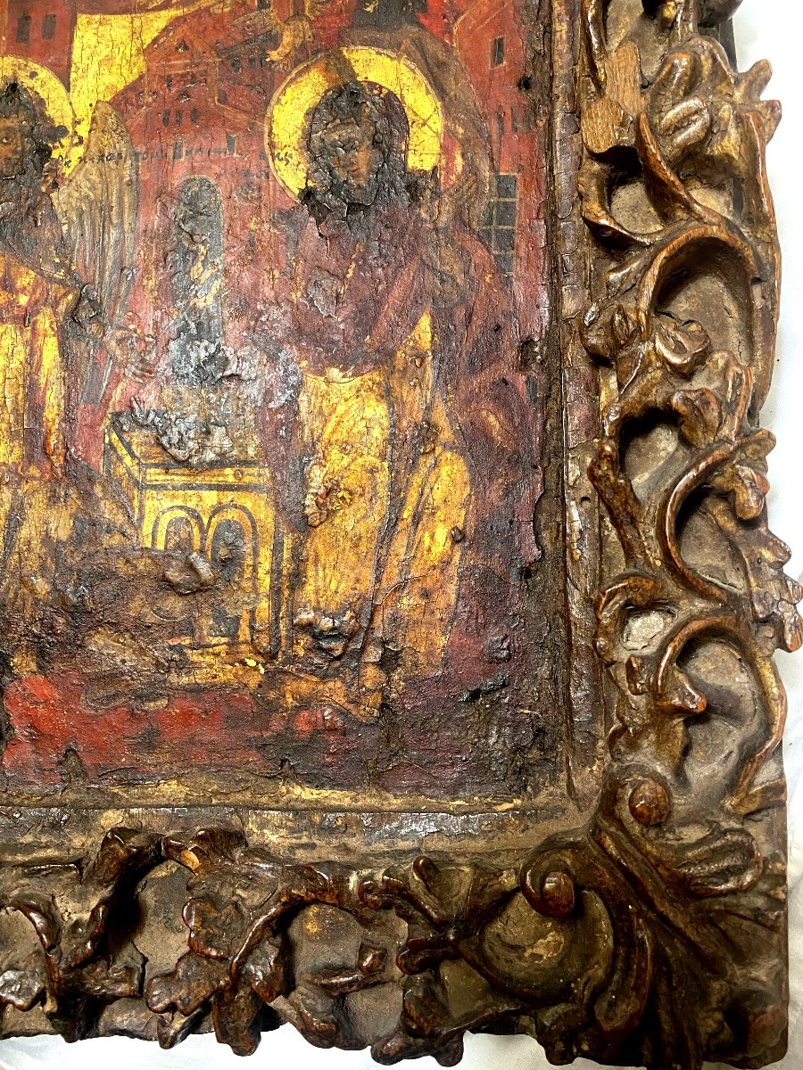 Presented In Mass And Carved With Baroque Ornaments Very Rare Greek Orthodox Icon From The 16th Century.-photo-2