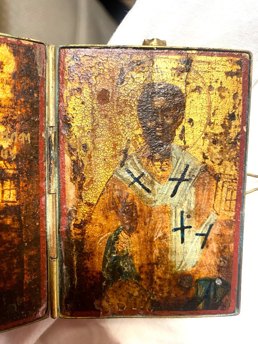  Very Rare Greek Travel Diptych Icon With The Image Of Christ And Saint Paul From The 17th Century.-photo-4