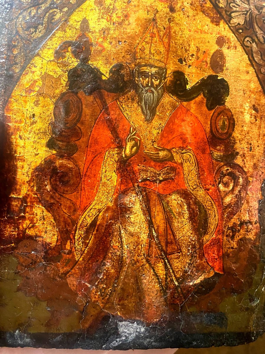  Beautiful Rare Icon Early 17th Century, Greek "saint Nicholas The Wonderworker Seated Wearing His Tiara-photo-4