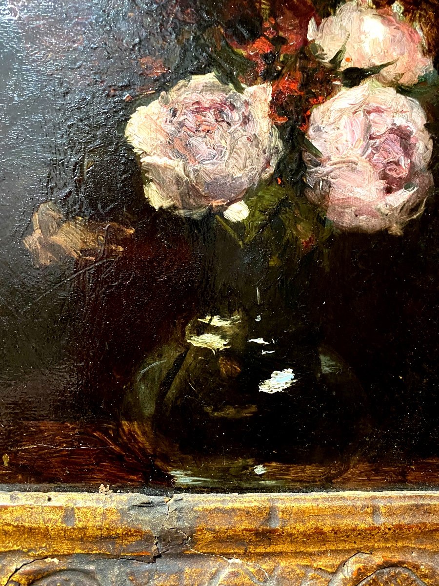 Still Life With Roses In A Vase By "garcia Malo," Well Framed Oil/wood From The 1930s-photo-2