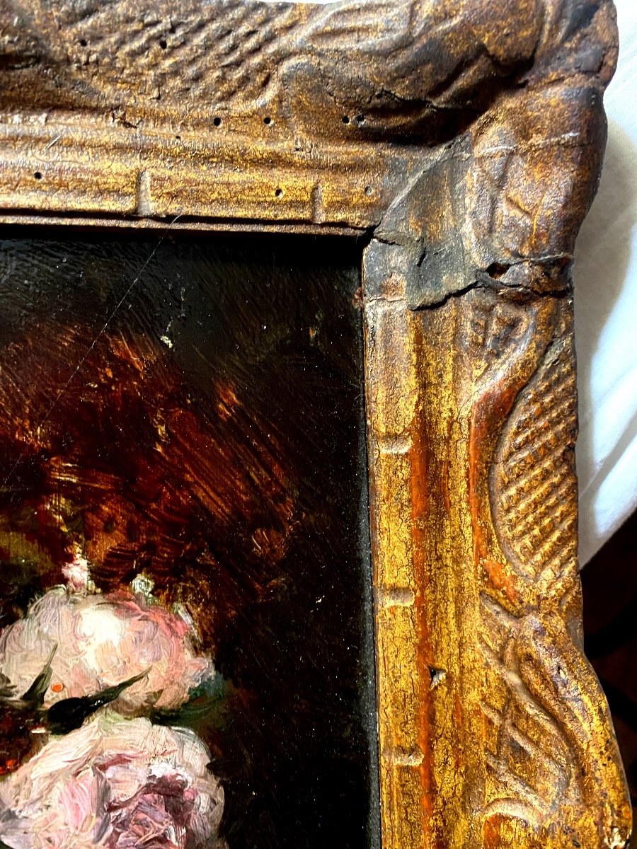 Still Life With Roses In A Vase By "garcia Malo," Well Framed Oil/wood From The 1930s-photo-1