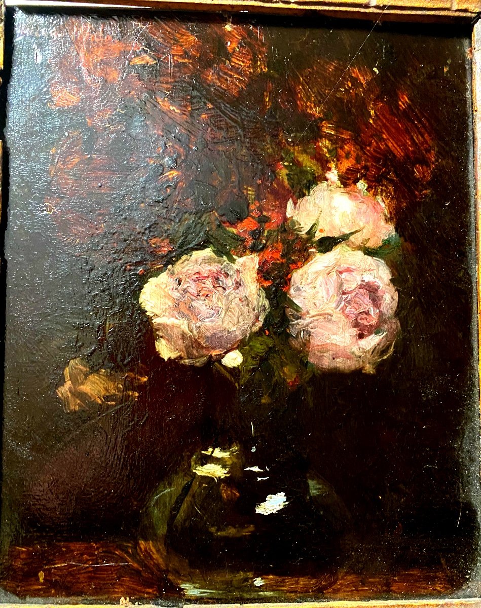 Still Life With Roses In A Vase By "garcia Malo," Well Framed Oil/wood From The 1930s-photo-3