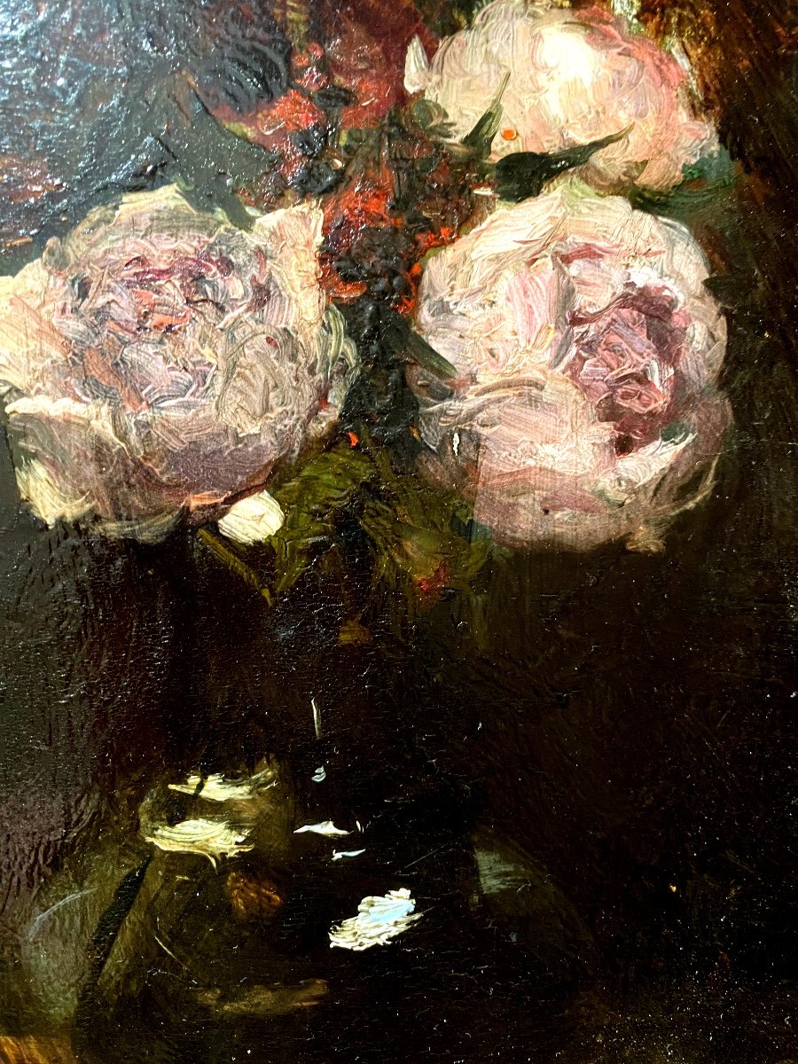 Still Life With Roses In A Vase By "garcia Malo," Well Framed Oil/wood From The 1930s-photo-4
