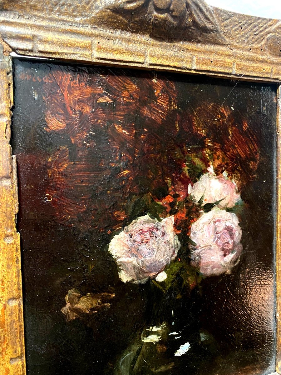 Still Life With Roses In A Vase By "garcia Malo," Well Framed Oil/wood From The 1930s-photo-6