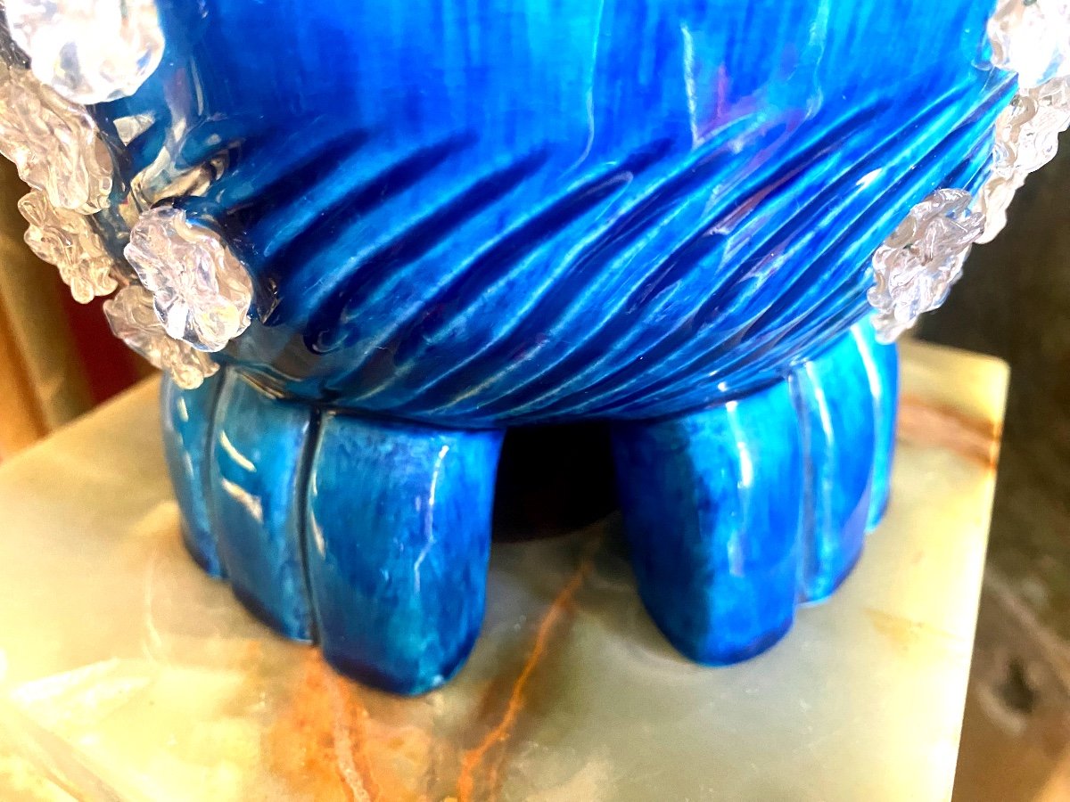 Rare Et Belle Lampe Faisceaux ,en Faïence Bleue Vif A Semis De Fleurettes Soufflées Années"50".-photo-3
