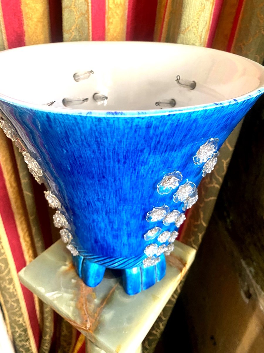 Rare Et Belle Lampe Faisceaux ,en Faïence Bleue Vif A Semis De Fleurettes Soufflées Années"50".-photo-5