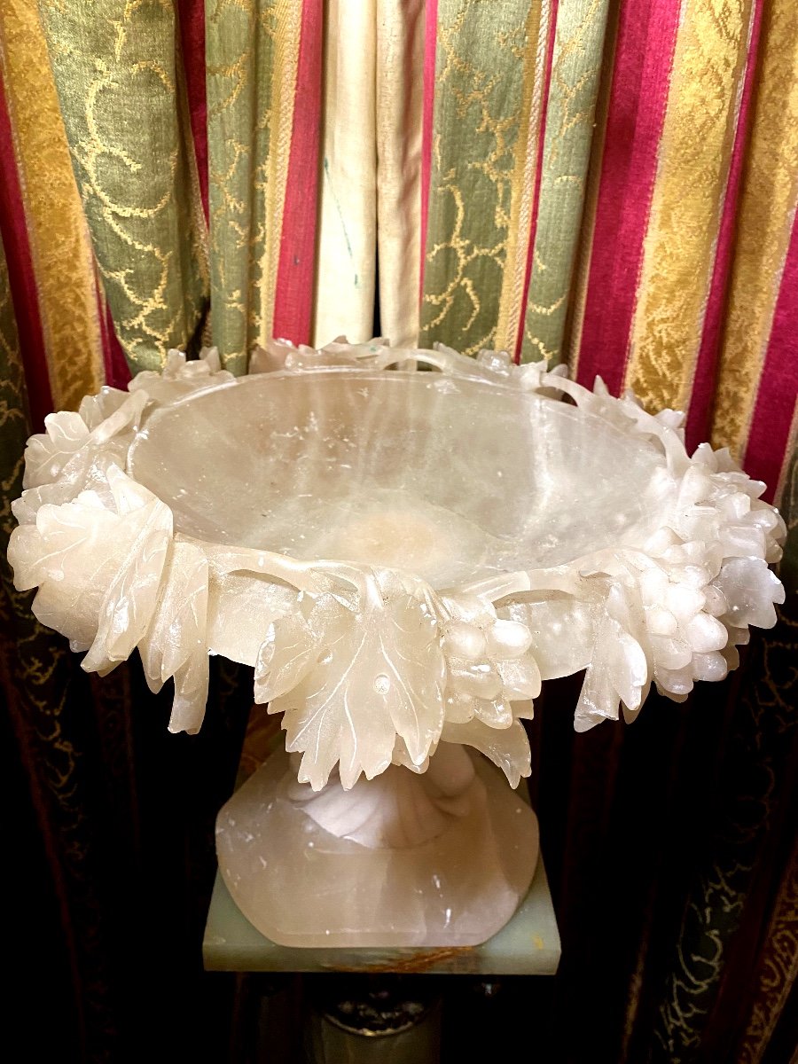  Beautiful Fruit Bowl, Italian Alabaster 19th Century, Crown Of Vine Branches And Three Dolphins-photo-7