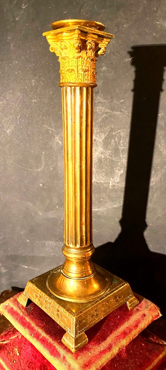 Belle Paire De Bougeoirs En Bronze Fin XVIIIème à La" Colonne Corinthienne "d'epoque Louis XVI -photo-6