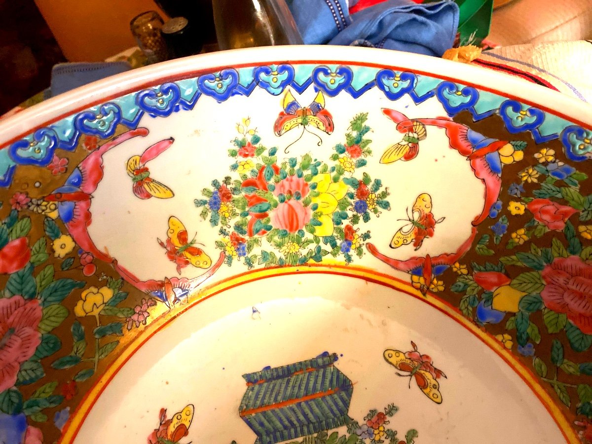 Grand Punch Bowl Richly Decorated With Floral Cartouches Animated With Butterflies 20th Century-photo-6