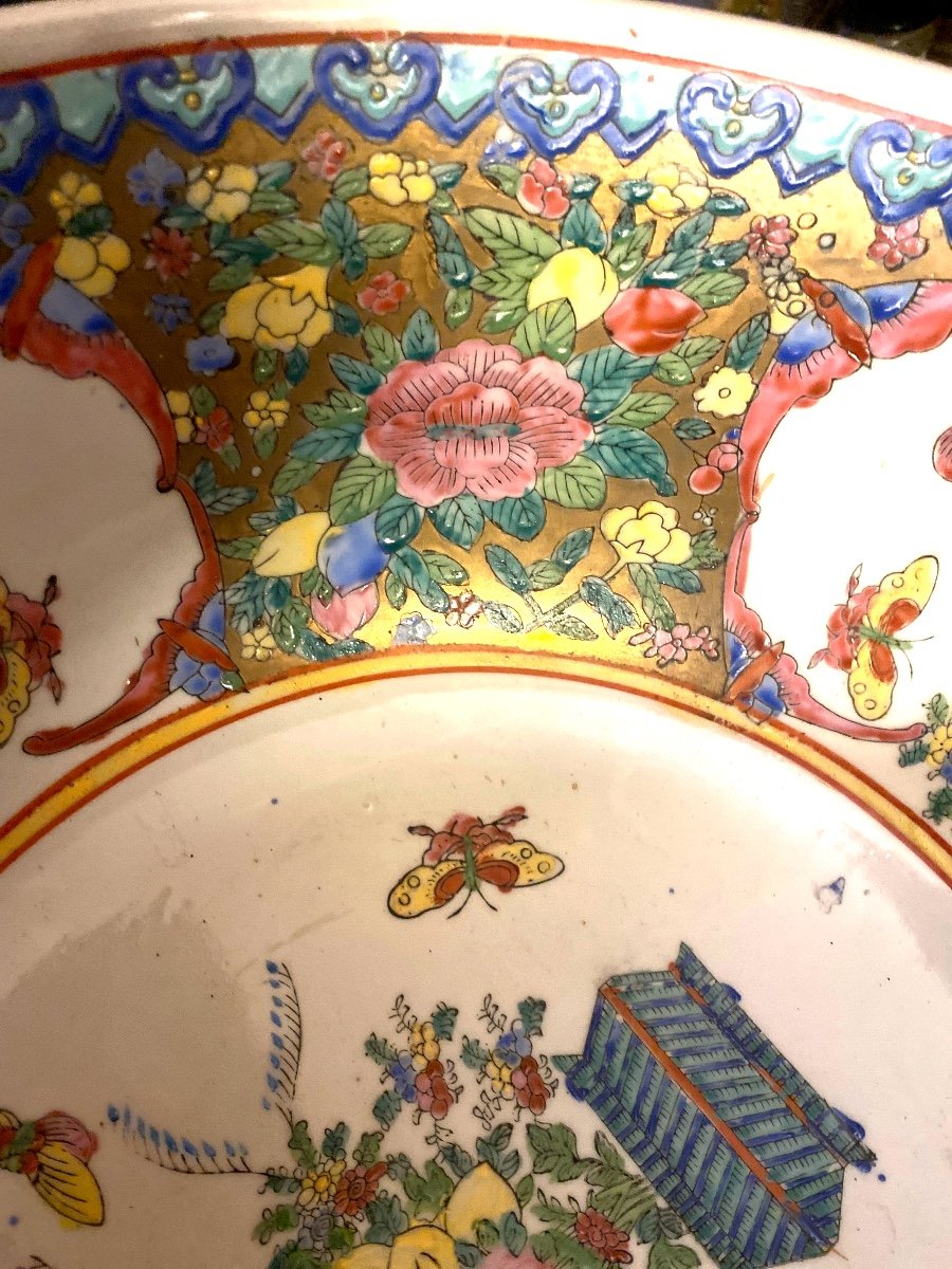 Grand Punch Bowl Richly Decorated With Floral Cartouches Animated With Butterflies 20th Century-photo-7