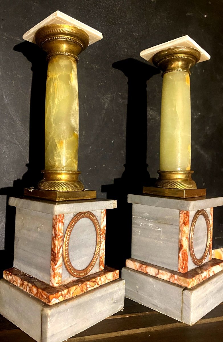 Paire De Colonnes Néo -classiques De Bureau En Marbre Bronze Et Onyx Vert Tendre d'époque 19ème-photo-2