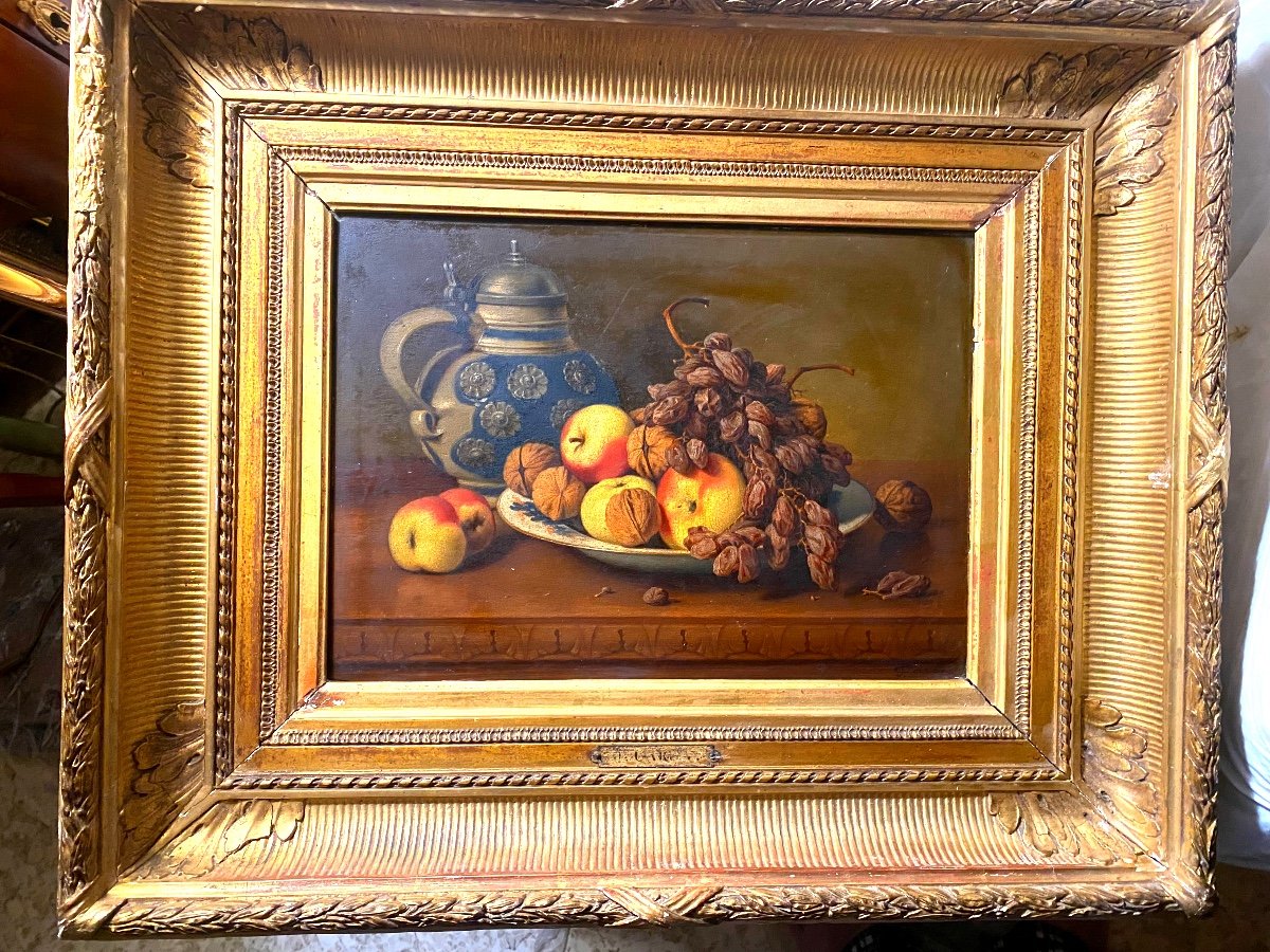 Still Life With Fruit And Stoneware Pitcher Signed J. Caron Delicate Oil On Wood Framed 19th